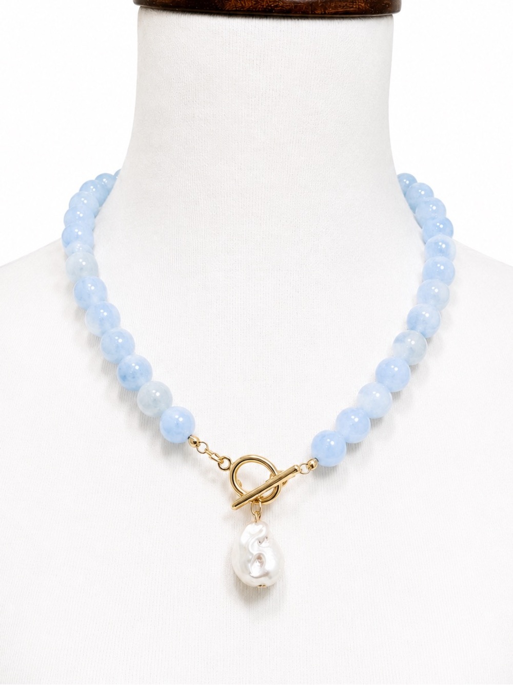 Blue Beaded Pearl Pendant Necklace Hand Crafted Glass Stone Faux Pearl